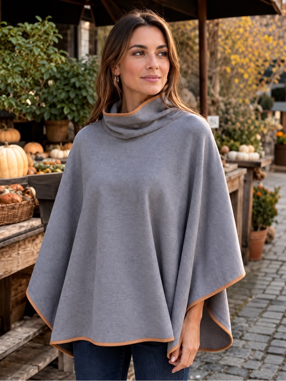 Tuckernuck Leather Trim Gray Cowl Neck Flowy One Size Coat Poncho